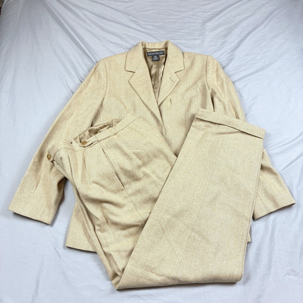 Banana Republic Pant Suit Womens 8 Tan Herringbone Wool Blazer Trousers Set